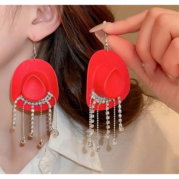Red Cowboy Hat with Rhinestone Dangles Earrings - Picture 2 of 5